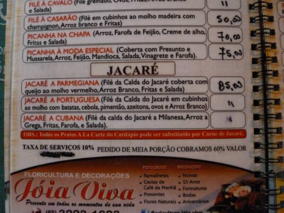 Carne de jacaré no cardápio de restaurante em Cáceres, no Mato Grosso